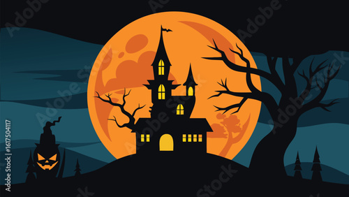 Spooky haunted castle silhouetted against a large orange moon on halloween night
