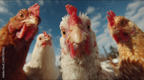 curious hens looking down into the camera