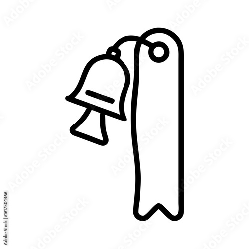 Illustration of a bell with a clapper and a rectangular flag hanging from a curved support rod