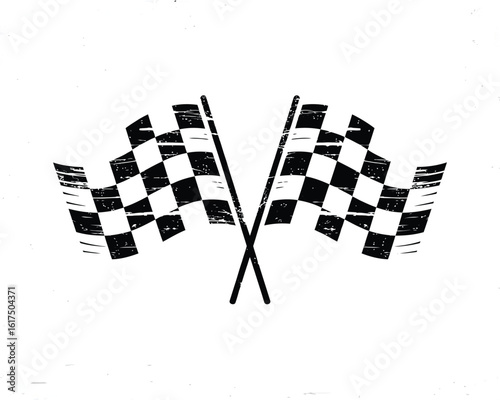 A vintage black and white graphic of two crossed checkered racing flags, hand-drawn with a distressed texture