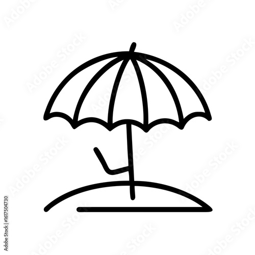 Simple line drawing of a beach scene with an umbrella and a chair on a small mound of sand design
