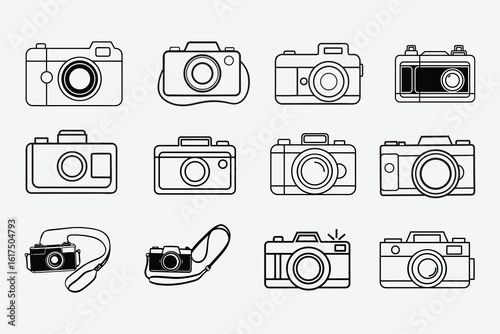 Linear Camera Icon Set Classic Camera Devices in Silhouette Style, retro vintage classic camera icons