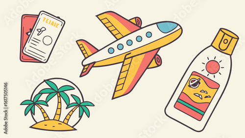 Travel Essentials Featuring Airplane Passport Sunblock and Island Illustration