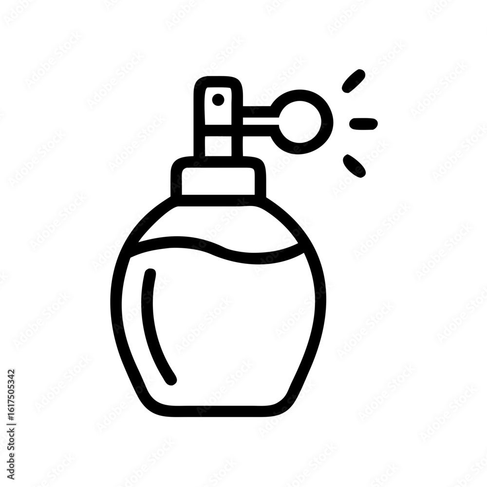 Obraz premium Illustration of a perfume bottle with a bulb atomizer and a spray effect in a simple black outline style