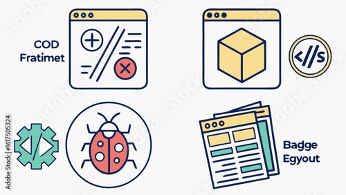 Web development icons set for coding programming and bug fixing with website design and project management tools