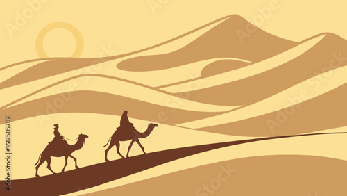 Desert landscape with camel caravan illustration for travel adventure and middle east tourism concept vector art