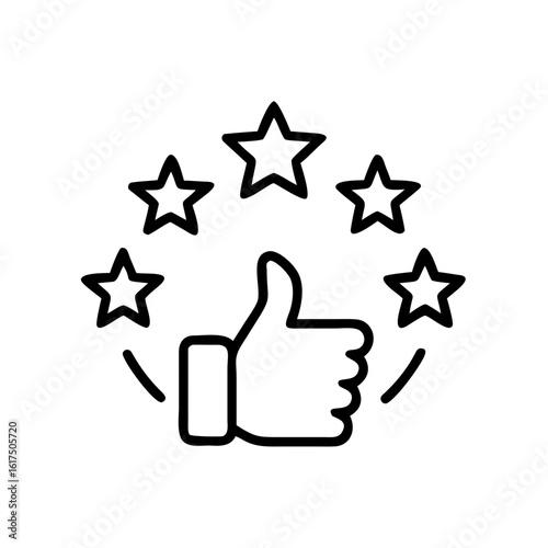 Illustration of a thumbs up hand gesture surrounded by five stars indicating positive feedback or approval