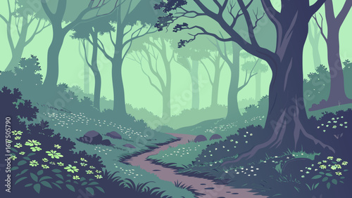 Illustration of forest landscape with trees path and flowers nature scene tranquil scenery 100