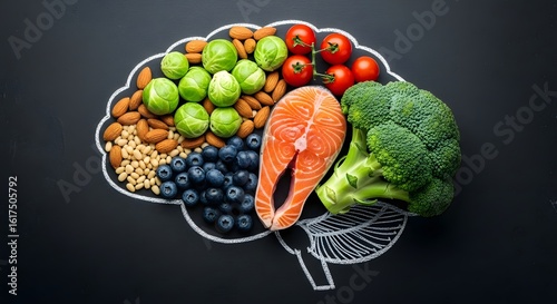 Brain shaped plate filled with healthy foods for optimal brain health and nutrition