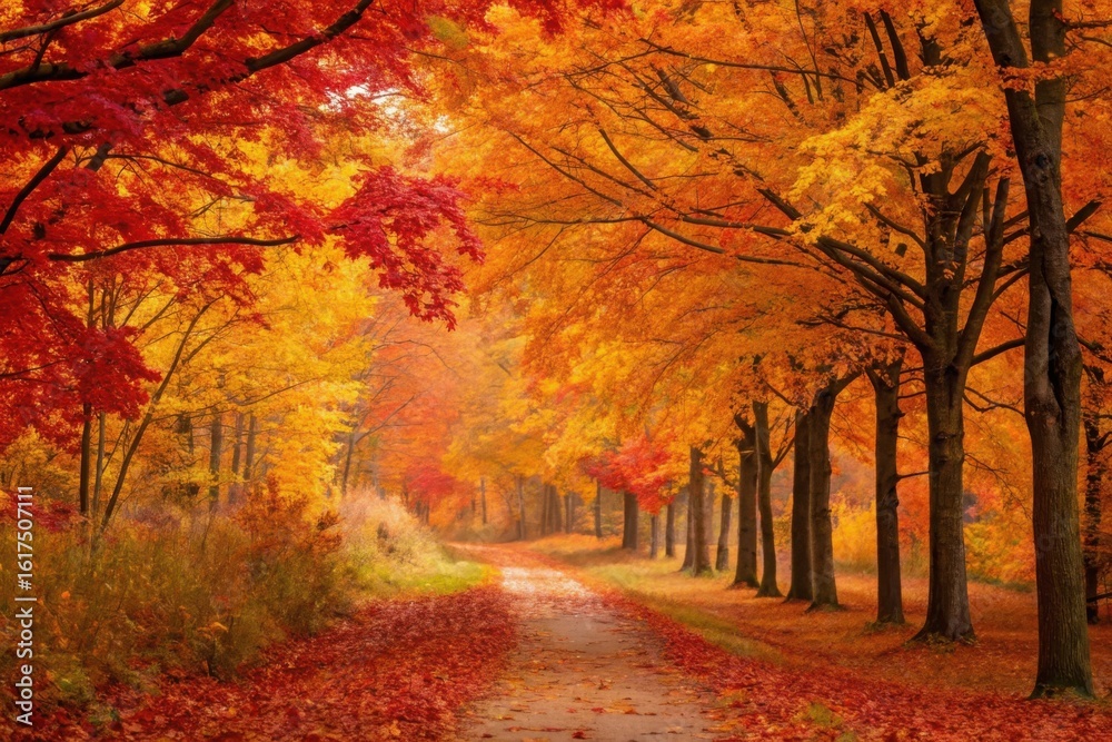 Fototapeta premium A vibrant autumn path lined with colorful trees and fallen leaves