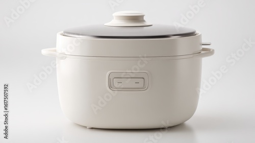 A single, perfectly lit 4K photorealistic image of a small digital rice cooker, modern design, simple and functional, isolated on a pure white background. Soft, diffused lighting to show display and