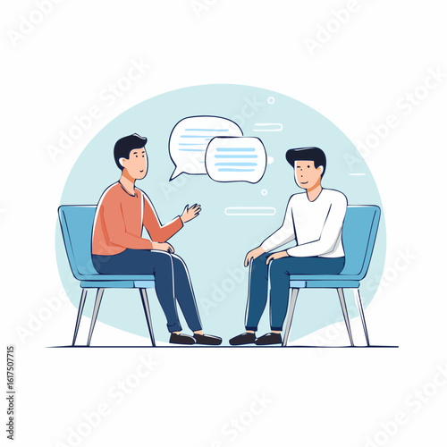 Minimal line art of a person speaking with a therapist in a calm setting. Friendly and safe atmosphere. Soft, muted color scheme. Great for mental health awareness or therapy-related visuals.