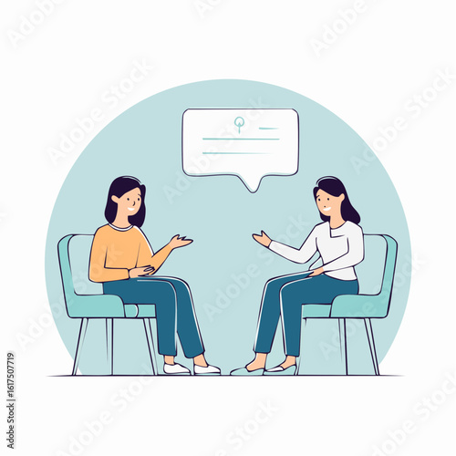 Minimal line art of a person speaking with a therapist in a calm setting. Friendly and safe atmosphere. Soft, muted color scheme. Great for mental health awareness or therapy-related visuals.
