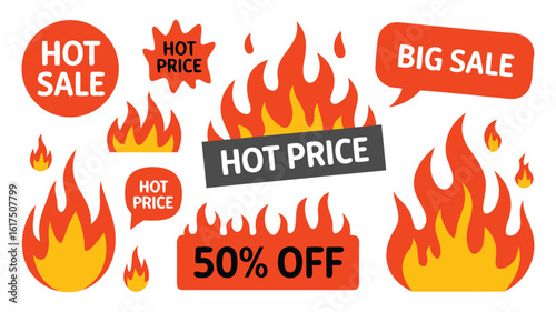 Assorted Sale and Discount Stickers with Flames, Reading Hot Sale, Hot Price, and Big Sale
