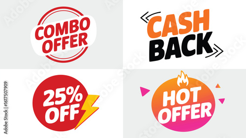 Attractive Marketing Badges Depicting Combo Offer, Cash Back, 25 Percent Off, and Hot Offer Sale Promotions