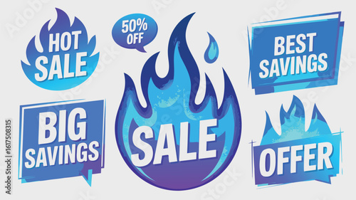 Blue Sales and Offers Hot Sale, 50% Off, Big Savings and Best Savings Icons