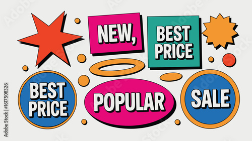 Bright and Colorful Retro Sale Stickers with New, Best Price, Popular, and Sale Text