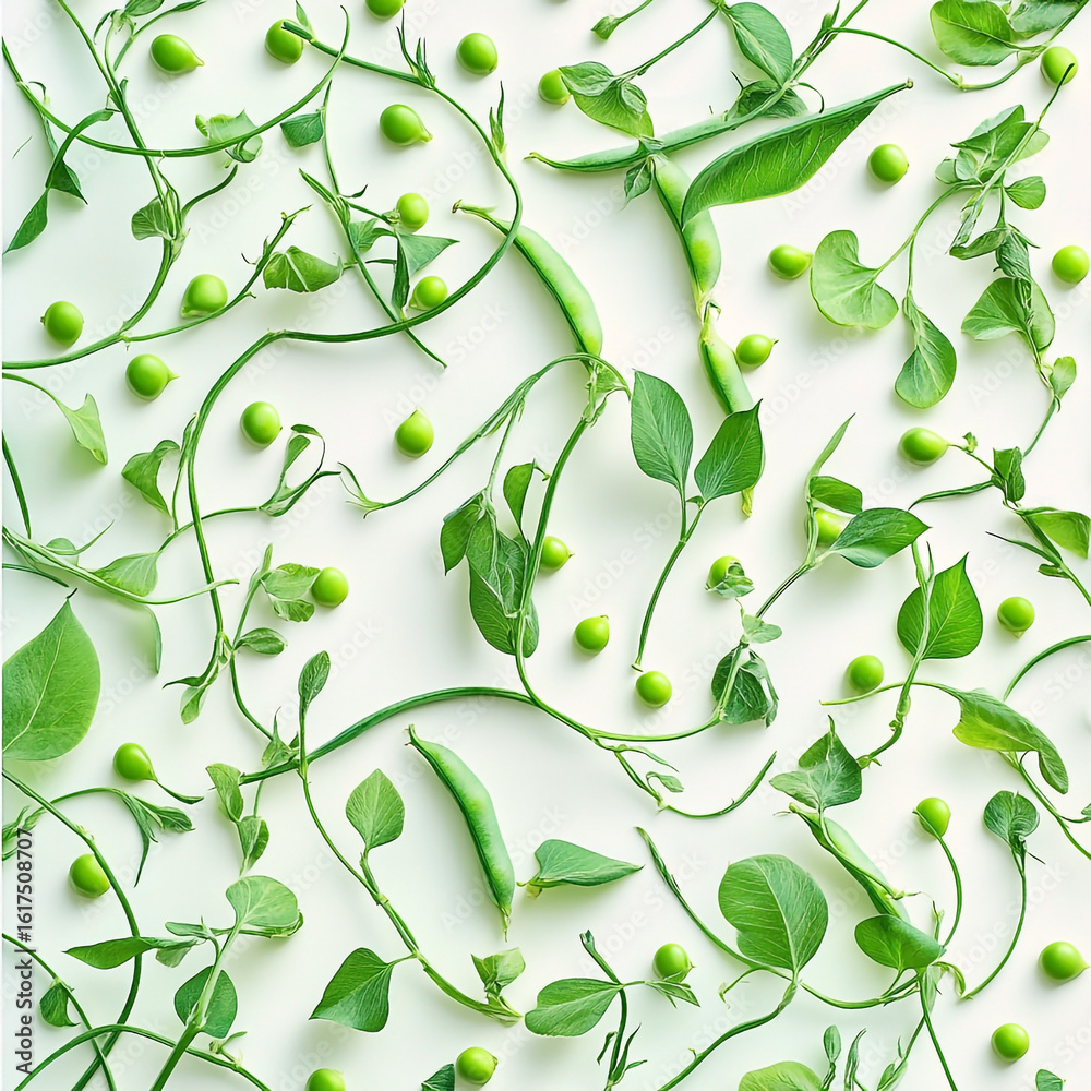 Obraz premium Green pea pods and leaves scattered on white background peas