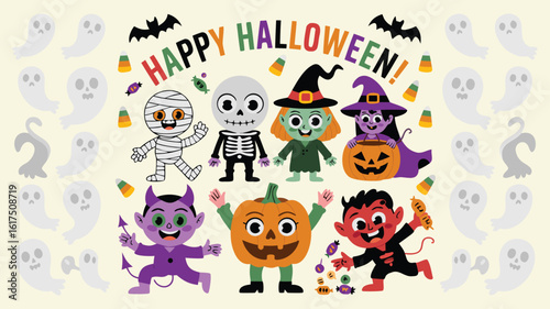 Cartoon Halloween Characters Mummy, Skeleton, Witches, Devil, Pumpkin, Ghosts, Bats, and Candy Corn