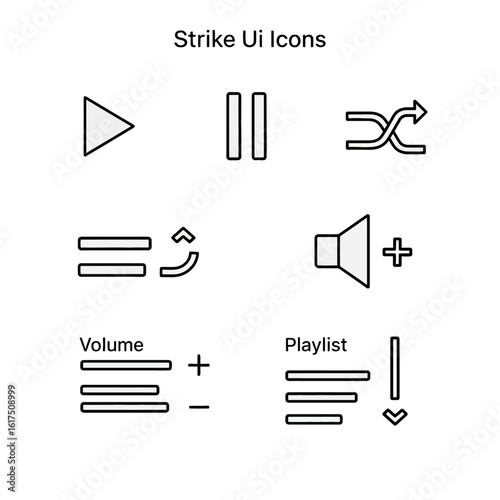 Set of minimalist media player UI icons in a clean black line art style, featuring play, pause, shuffle, and volume controls.