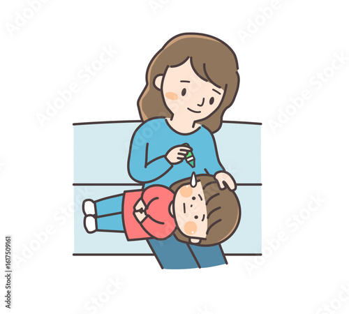母親が子供に目薬をさすイラスト