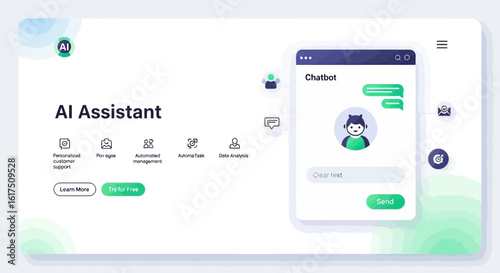 AI Assistant Webpage Design Featuring a Chatbot and Service Icons