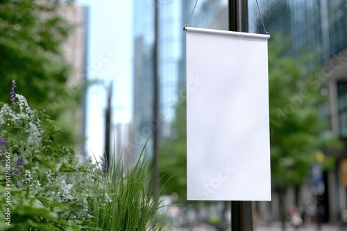 Blank white banner hanging from a streetlight in an urban setting