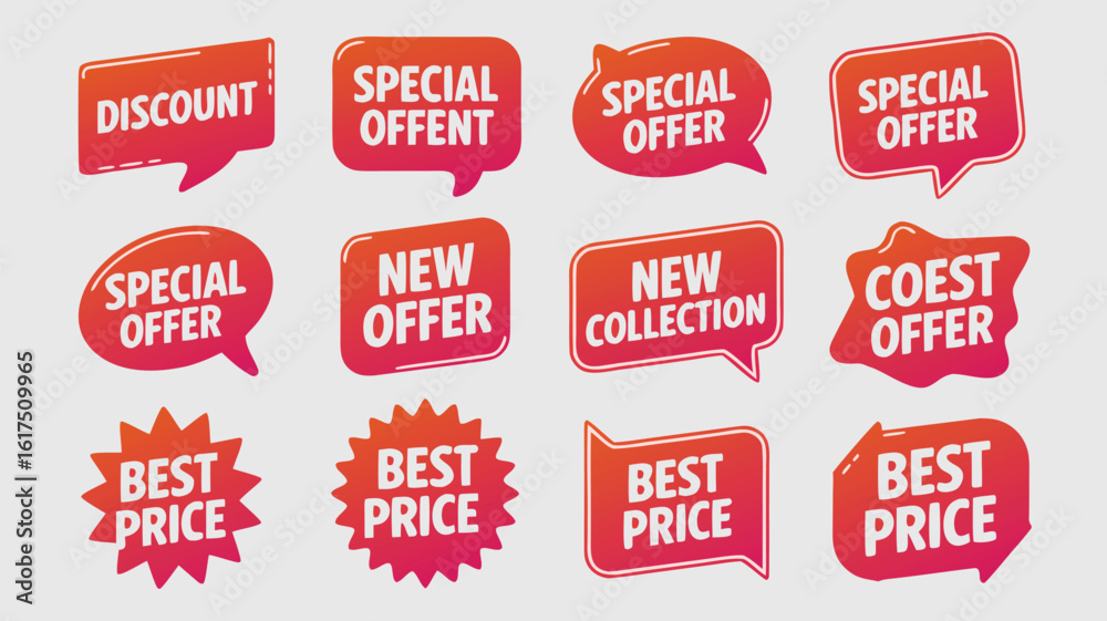 Obraz premium Collection of Red and White Sale Tags and Labels Featuring Discounts and Best Prices