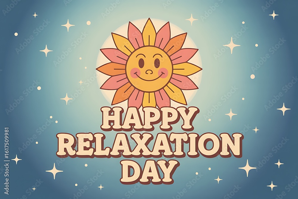 Naklejka premium Groovy cartoon sun character celebrates Happy Relaxation Day with retro vibes and sparkling stars