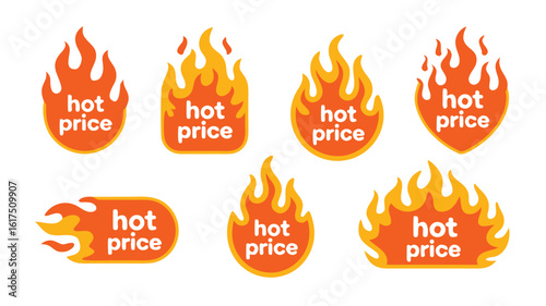 Collection of Orange Hot Price Fire Flame Stickers, Labels, Badges, and Icons on White Background