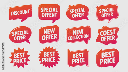Collection of Red and White Sale Tags and Labels Featuring Discounts and Best Prices