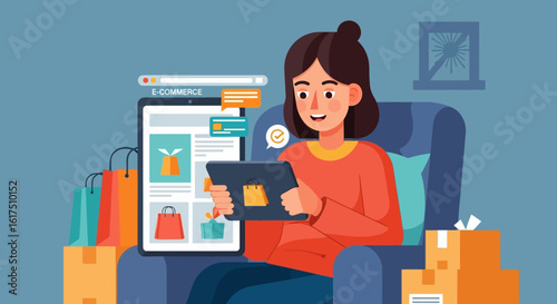 Happy young woman with a hair bun in a red sweater, shopping online on a tablet from a comfortable blue armchair.