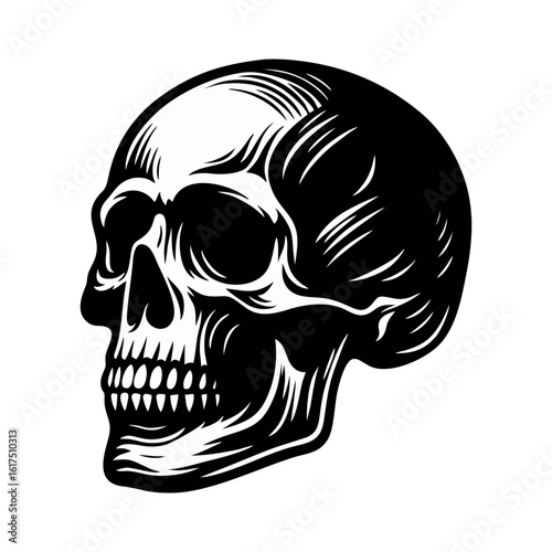 Detailed illustration of a human skull in black and white, viewed from the side, with intricate line work showing bone structure.