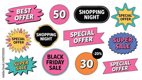 Colorful CartoonStyle Shopping Sale Stickers Best Offer, Special Offer, Super Sale, Black Friday