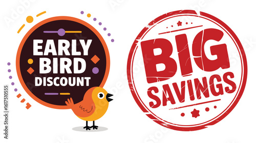 Colorful Early Bird Discount Label with Cartoon Bird and Big Savings Red Stamp Illustration