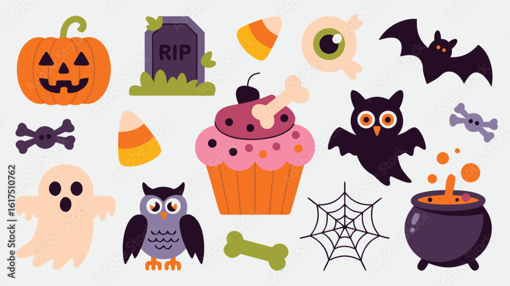Fototapeta premium Colorful Halloween Icons Pumpkin, Bat, Ghost, Owl, Tombstone, Cauldron, Spiderweb, Cupcake, Candy Corn