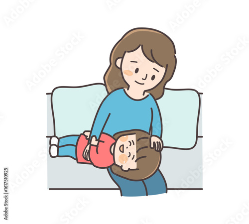 ソファで母親の膝の上に横たわる子供と、子供の話を聞いている母親のイラスト
