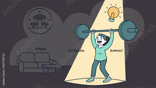 Woman Lifting Barbell in Home Environment with Lightbulb Symbolizing Ideas