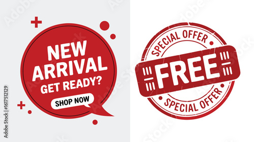 EyeCatching Marketing Featuring New Arrival and Free Special Offer in Bold Red Stamps