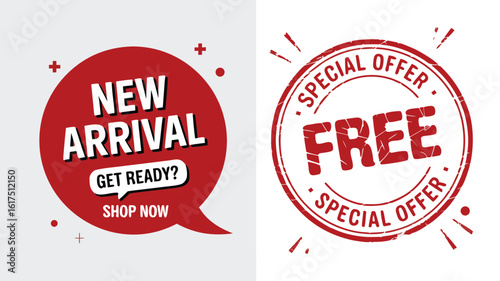 EyeCatching Graphics New Arrival Speech Bubble and Free Special Offer Stamp Design