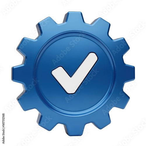 Blue Gear with White Checkmark Symbolizing Approval or Verification