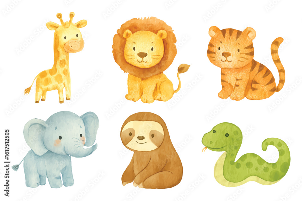 Naklejka premium watercolor wild jungle animals illustration