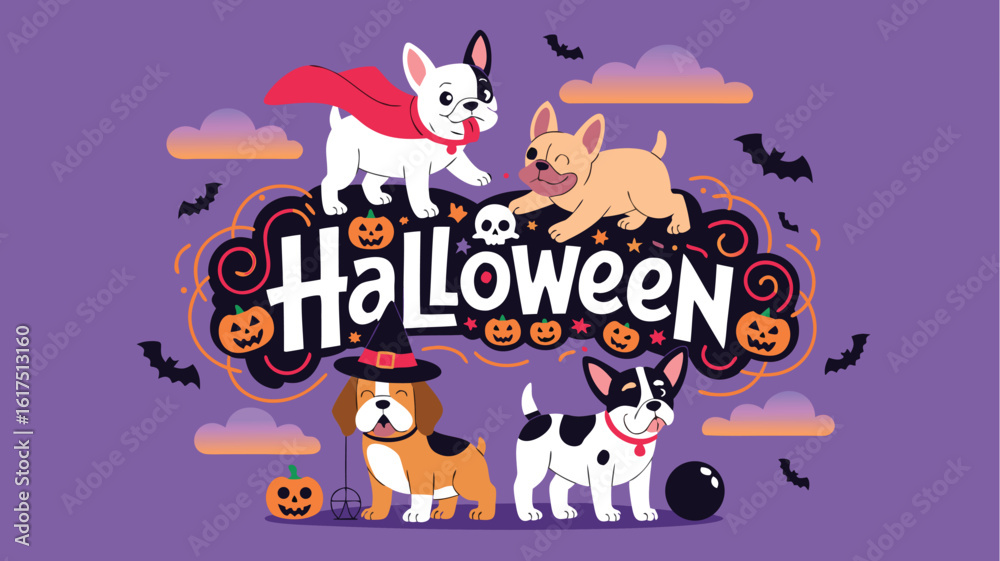Fototapeta premium Halloween Dogs Illustration Cute Pups in Costume, Pumpkins, Bats, and Festive Decoration on Purple
