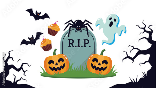 Halloween Illustration with Pumpkins, Tombstone, Spider, Bats, Ghost, Cupcakes, and Bare Branches Silhouettes