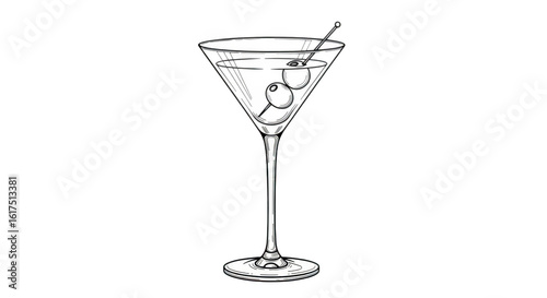 A handdrawn illustration of a classic martini cocktail with olives and a garnish, isolated on a transparent background