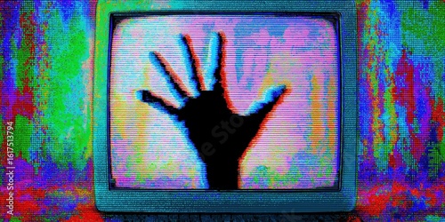 haunted tv glitch with spooky hand silhouette and neon static