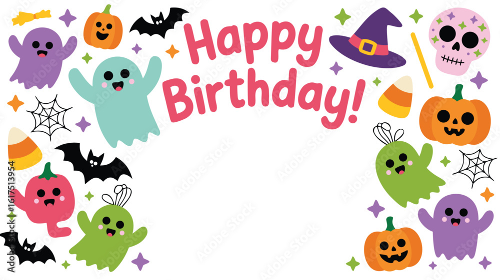 Naklejka premium Happy Birthday with Halloween Ghosts, Pumpkins, Bats, Candy Corn, Skull, and Witch Hat Elements