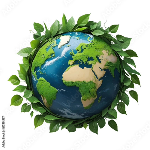 Earth embraced by leaves symbolizing a thriving ecosystem promoting on transparent background