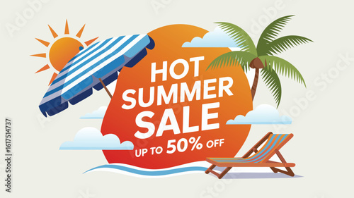 Hot Summer Sale Beach Illustration with Sun, Palm Tree, Chair, Umbrella, and Clouds