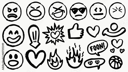 Hand-drawn doodle vector set with cool icons. Perfect for t-shirts, stickers, and streetwear graphics.